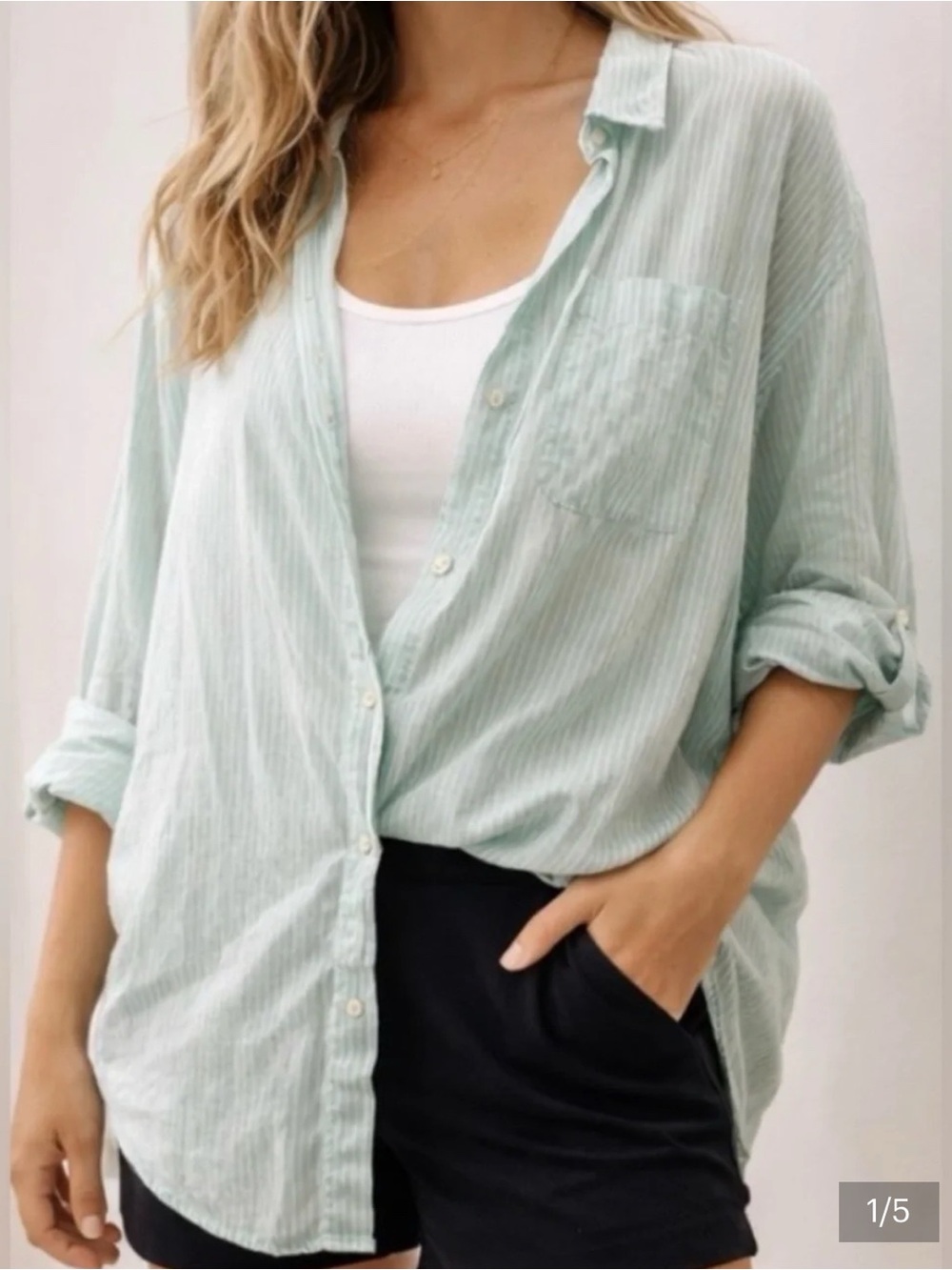 American Eagle Mint Green Striped Womens Button-Up Shirt